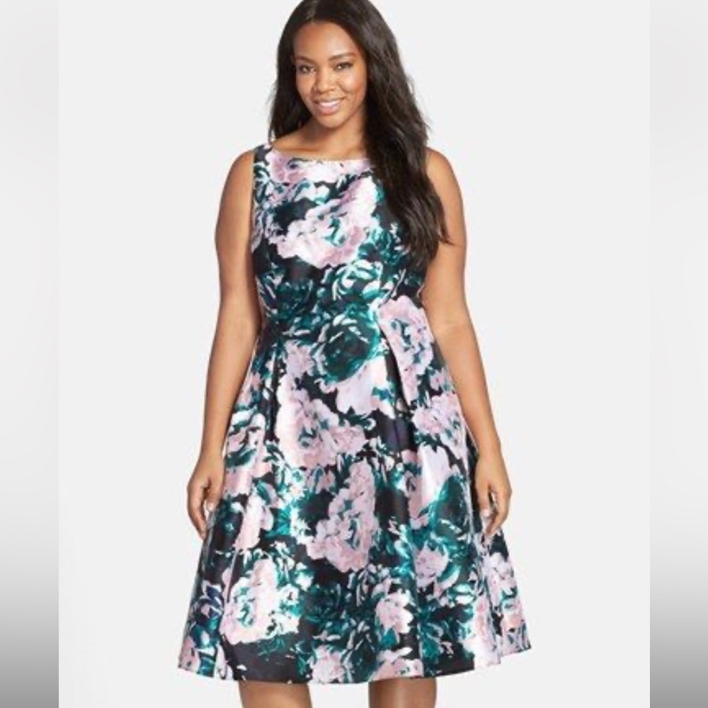 Adrianna Papell Floral Midi Dress - Black, Pink, Green